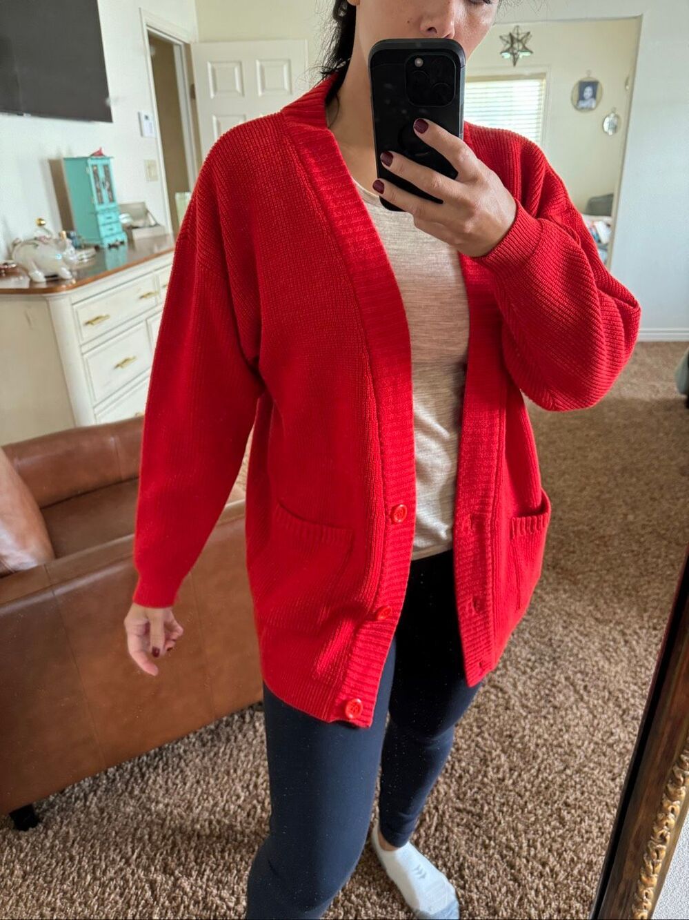 T.G. Dragon bright red knit cardigan womens sweater button up chunky vintage